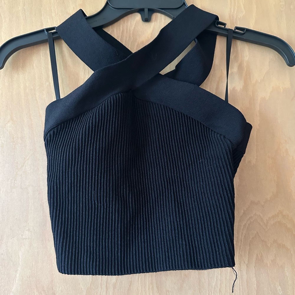 Babaton Black Ribbed Crisscross Strap Crop Top